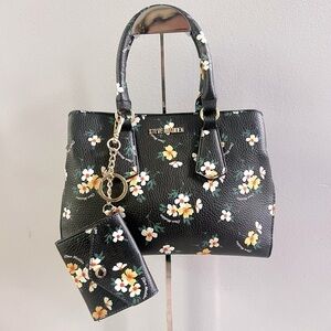 Steve Madden Floral Mickey Satchel Matching Keychain Wallet Cardholder Black